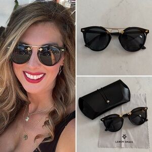Lemon Grass Black Gold Retro Vintage Inspired Style Round Sunglasses